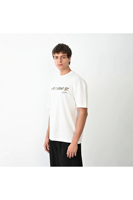 Unisex Bisiklet Yaka Baskılı Oversize T-Shirt - Beyaz