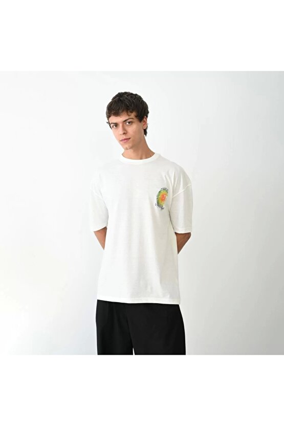 Unisex Bisiklet Yaka Baskılı Oversize T-Shirt - Beyaz