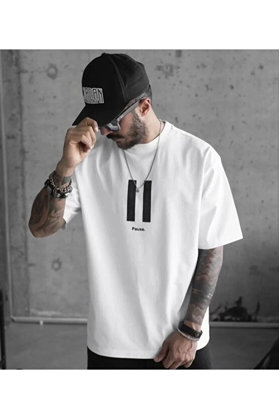 Unisex Bisiklet Yaka Baskılı Oversize T-Shirt - Beyaz