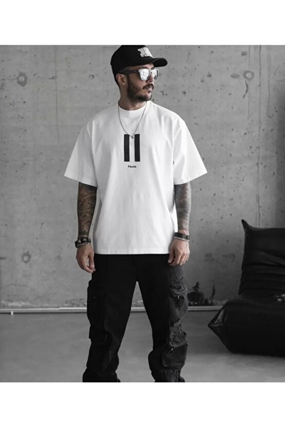 Unisex Bisiklet Yaka Baskılı Oversize T-Shirt - Beyaz