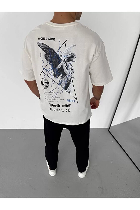 Unisex Bisiklet Yaka Baskılı Oversize T-Shirt - Beyaz