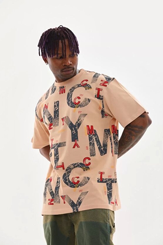 Unisex Baskılı Oversize T-Shirt - Bej