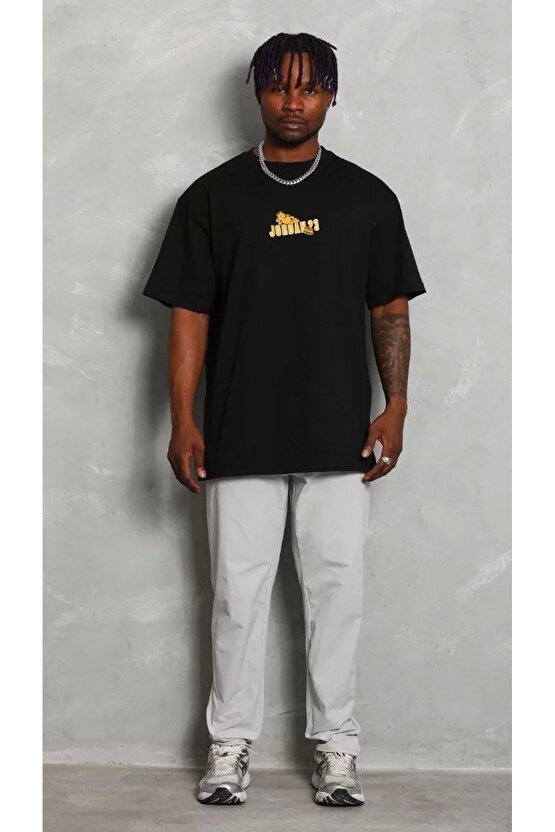 Unisex Bisiklet Yaka Baskılı Oversize T-Shirt - Siyah