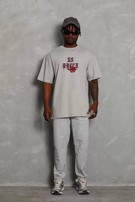 Unisex Oversize Baskılı Bisiklet Yaka T-Shirt - Gri