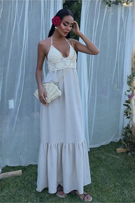 EQURİ Göğsü Trikolu Keten Uzun Elbise 2904-08