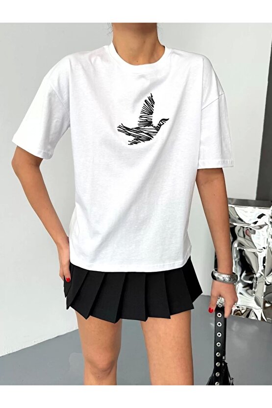 Kısa Kol Baskılı T-shirt - Beyaz