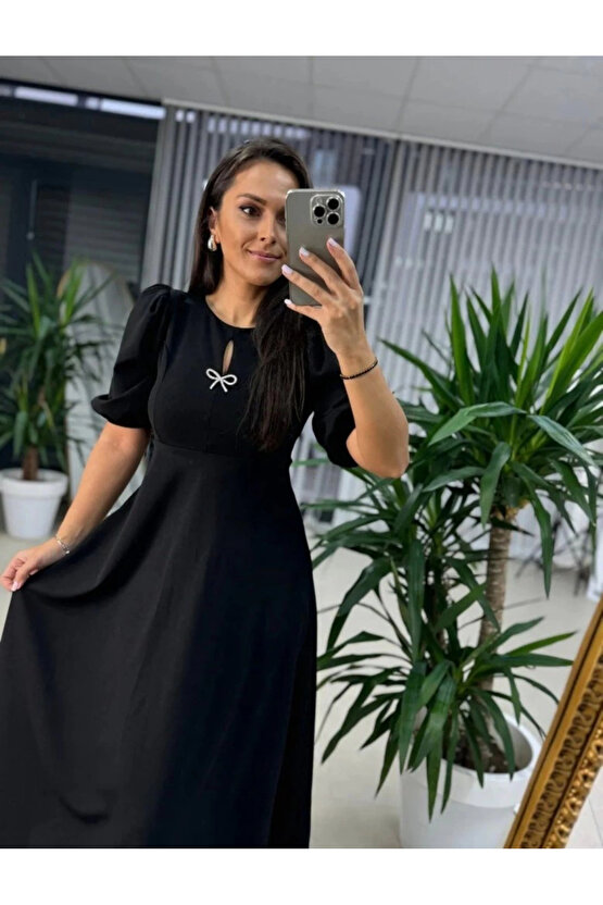 Kadın Kısa Kollu Bisiklet Yaka Fiyonk Broşlu Midi Janjan Krep Elbise