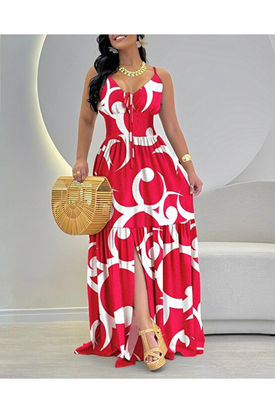 EQURİ Kadın Ip Askılı Dekolteli Bağcıklı Yırtmaçlı Desenli Süprem Elbise