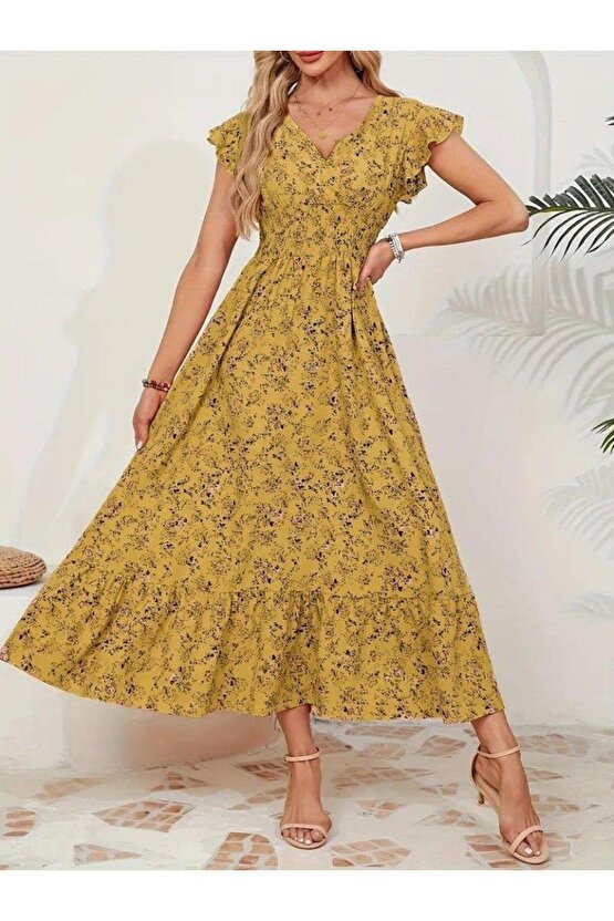 Kadın Kısa Kollu Kruvaze Yaka Beli Lastikli çiçek Desenli Elbise