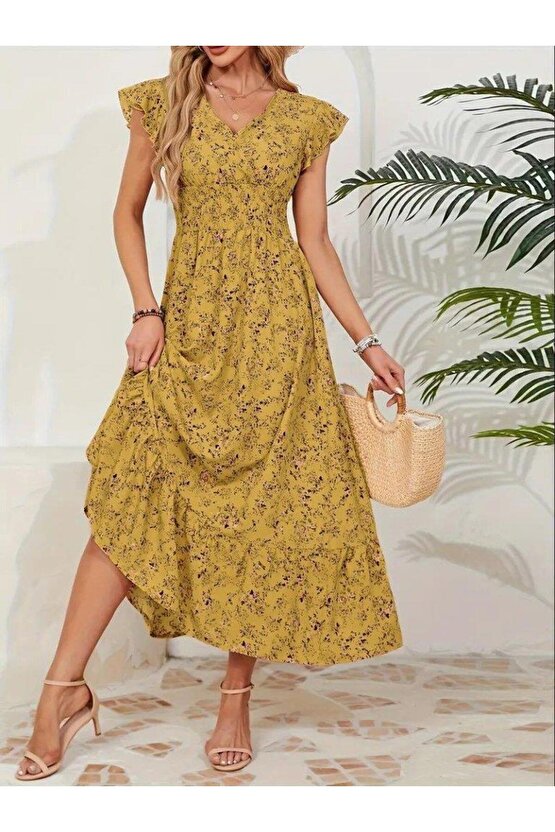 Kadın Kısa Kollu Kruvaze Yaka Beli Lastikli çiçek Desenli Elbise