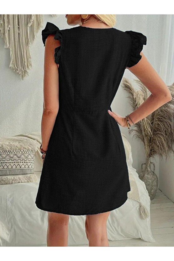 Kadın Fırfır Kollu V Yakalı Düğmeli Keten Elbise