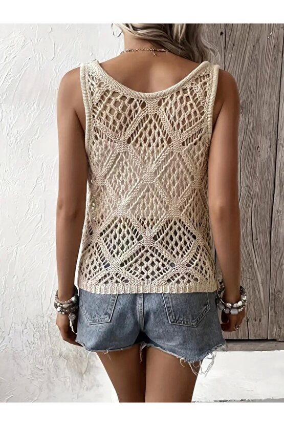 Kadın Askılı Yuvarlak Yaka Geometrik Desenli Triko Bluz