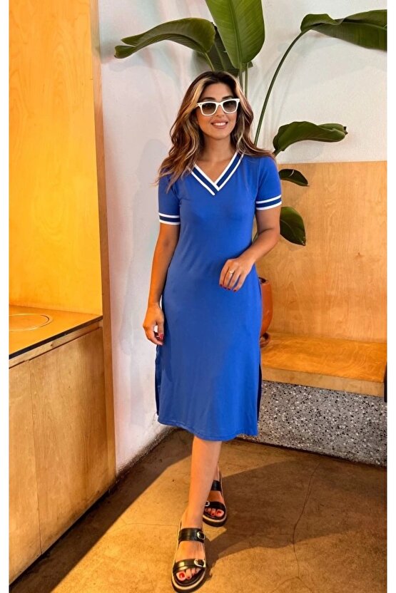 Kadın Kısa Kollu V Yaka Ve Yaka Ribana Detay Midiboy Viskon Elbise