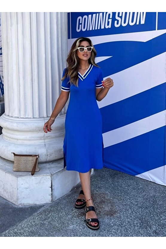 Kadın Kısa Kollu V Yaka Ve Yaka Ribana Detay Midiboy Viskon Elbise