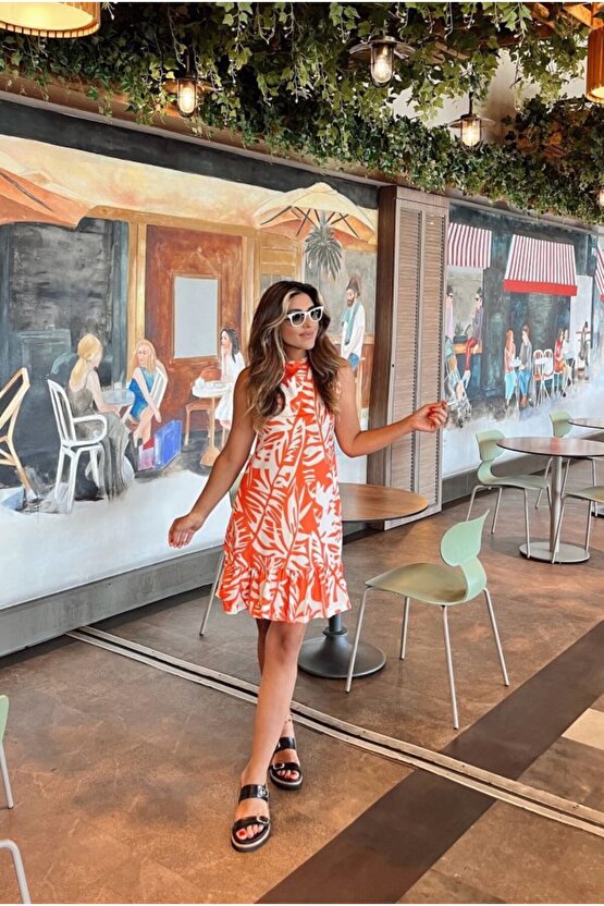 EGECEN Kadın Sıfır Kollu Bisiklet Yakalı Fırfırlı Desenli Sofya Elbise