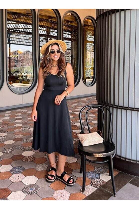 Kadın Askılı Kare Yakalı Midi Ithal Krep Elbise