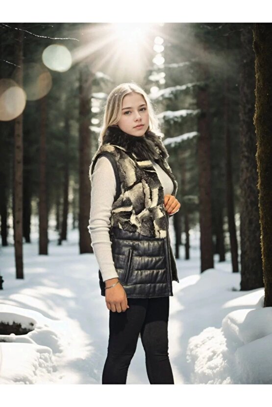 Kadın Kolsuz Hakiki Deri Kürk - Siyah