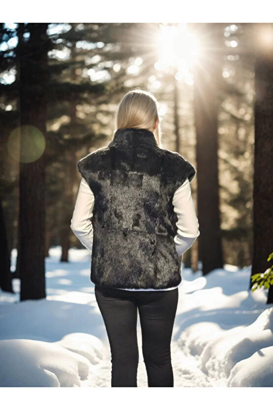 Kadın Kolsuz Hakiki Kürk - Siyah