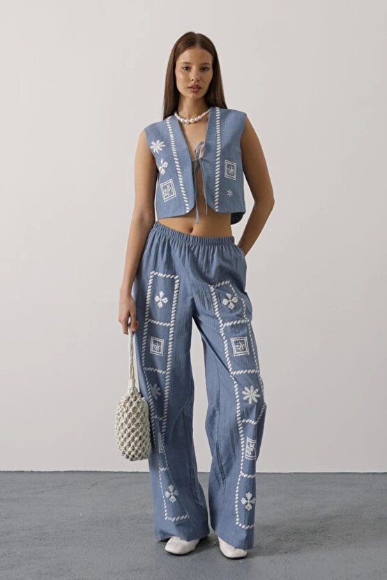 Baskılı Önü Bağlamalı Yelekli Takım - İndigo