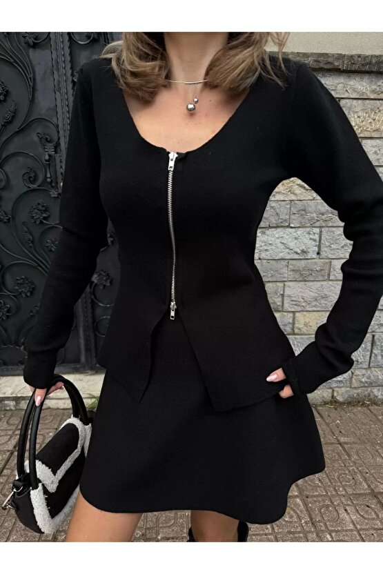 İkili Fermuarlı Hırkalı Etekli Takım - Siyah