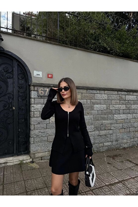 İkili Fermuarlı Hırkalı Etekli Takım - Siyah