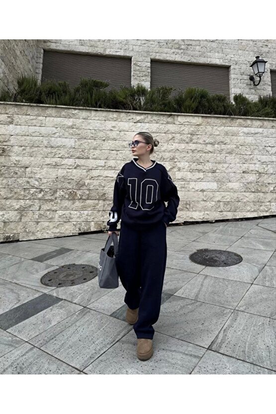 V Yaka Üç İplik Sweat Takım - Siyah