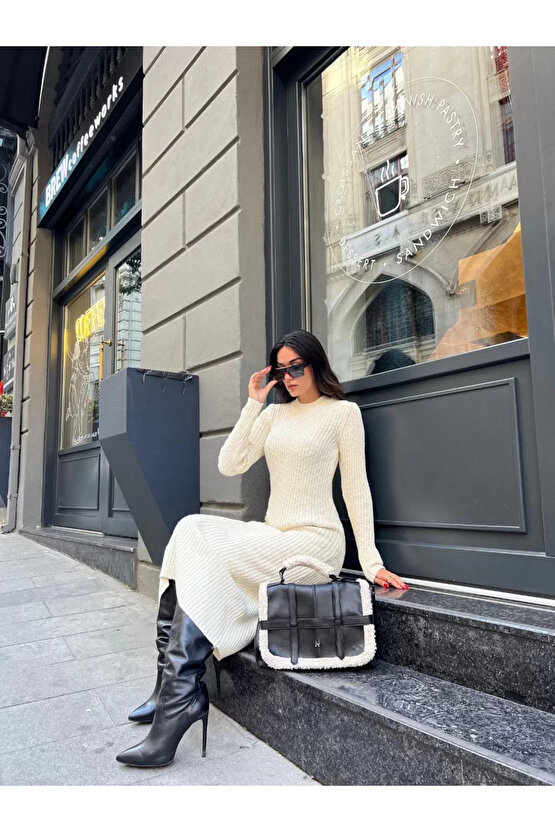 Bisiklet Yaka Fitilli Uzun Elbise - Beyaz