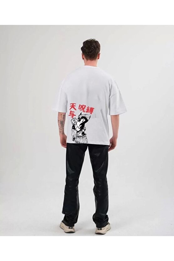 Unisex Bisiklet Yaka Baskılı Oversize T-Shirt - Beyaz