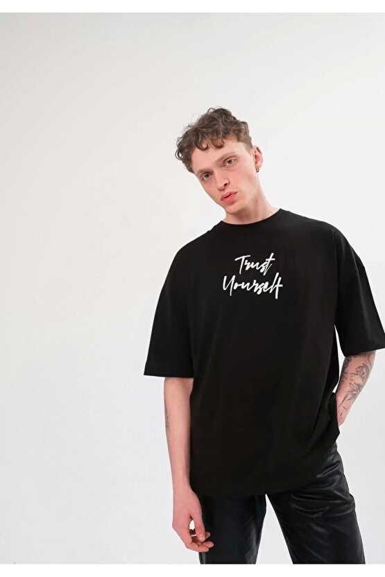 Unisex Bisiklet Yaka Baskılı Oversize T-Shirt - Siyah