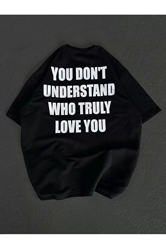 Unisex Bisiklet Yaka Baskılı Oversize T-Shirt - Siyah