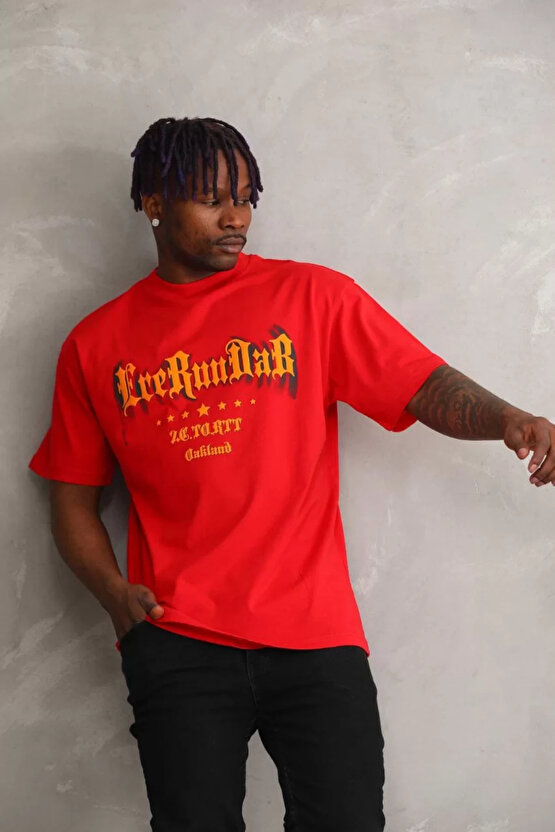Unisex Baskılı Oversize T-Shirt - Kırmızı
