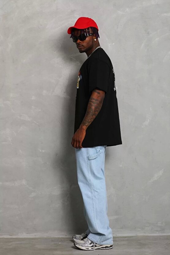 Unisex Oversize Baskılı Bisiklet Yaka T-Shirt - Siyah