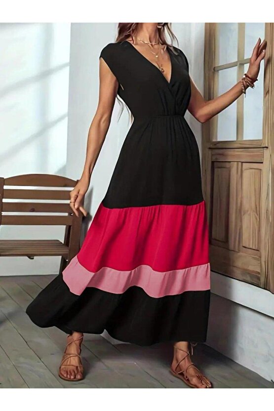 Kadın Kısa Kollu Kruvaze Yakalı çok Renkli Aerobin Elbise