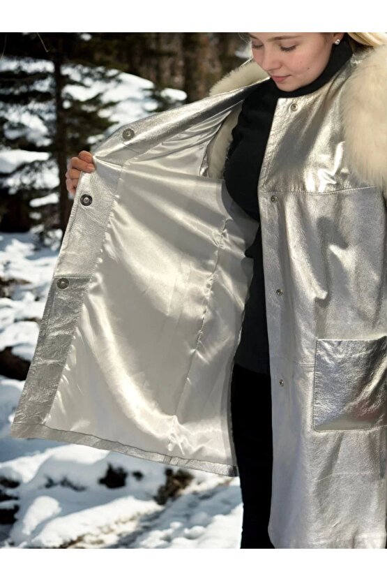 Kadın Kolsuz Hakiki Deri Kürk - Gri