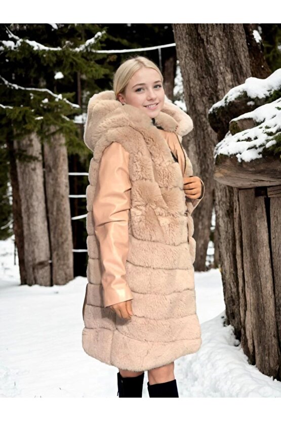 Kadın Suni Kürk Hakiki Deri - Somon