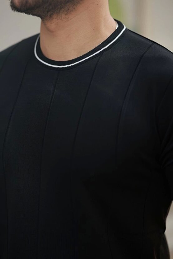 Erkek Bisiklet Yaka çizgi Desenli Ribanalı Kısa Kollu Tshirt