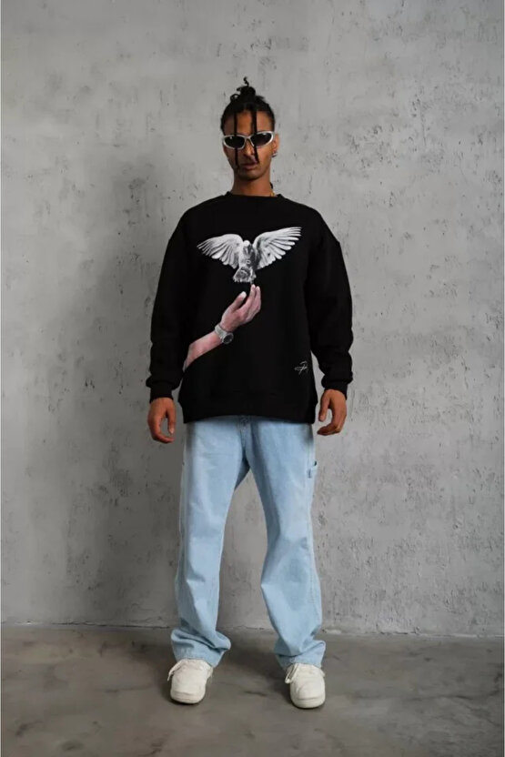 Erkek Güvercin Baskılı Sweatshirt - Siyah