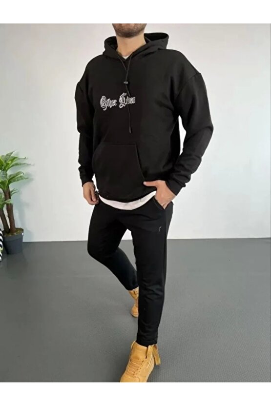 Erkek Sırt Baskılı Oversize Üç İplik Kapüşonlu Sweatshirt - Siyah
