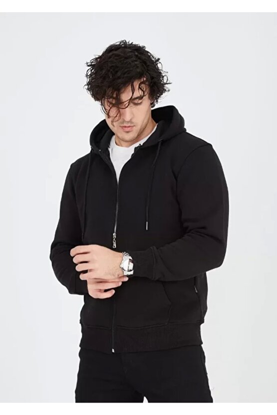 Unisex Tam Fermuarlı Kapşonlu SweatShirt - Siyah
