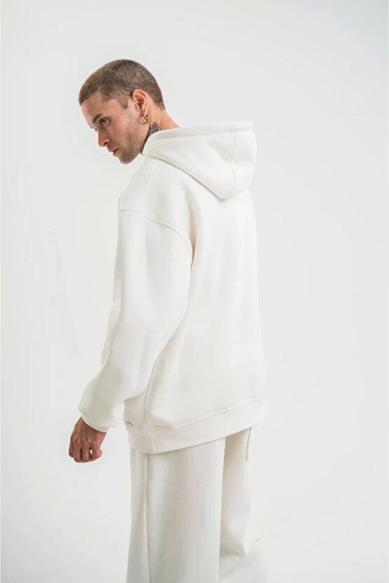 Unisex Double Oversize Kapşonlu Basic SweatShirt - Beyaz