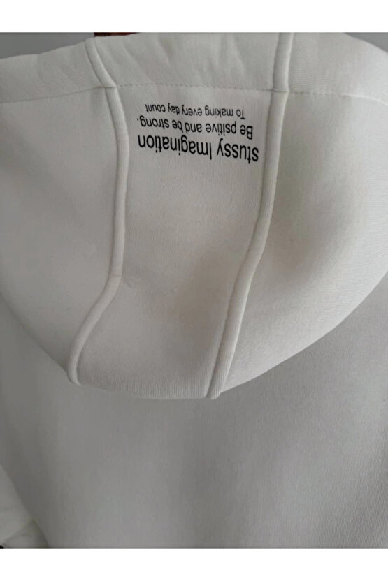 Üç İplik Kapşonlu Baskılı SweatShirt - Beyaz