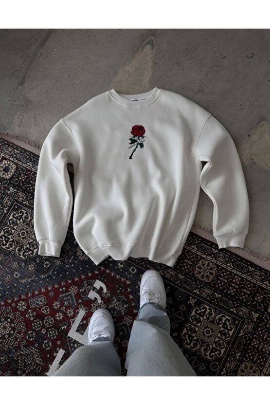 Unisex Bisiklet Yaka Ön Ve Arka Baskılı SweatShirt - Beyaz