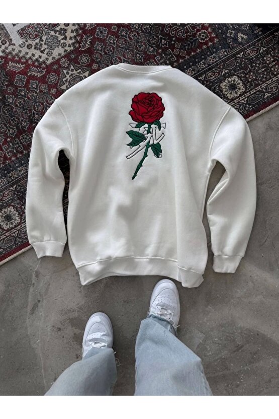 Unisex Bisiklet Yaka Ön Ve Arka Baskılı SweatShirt - Beyaz