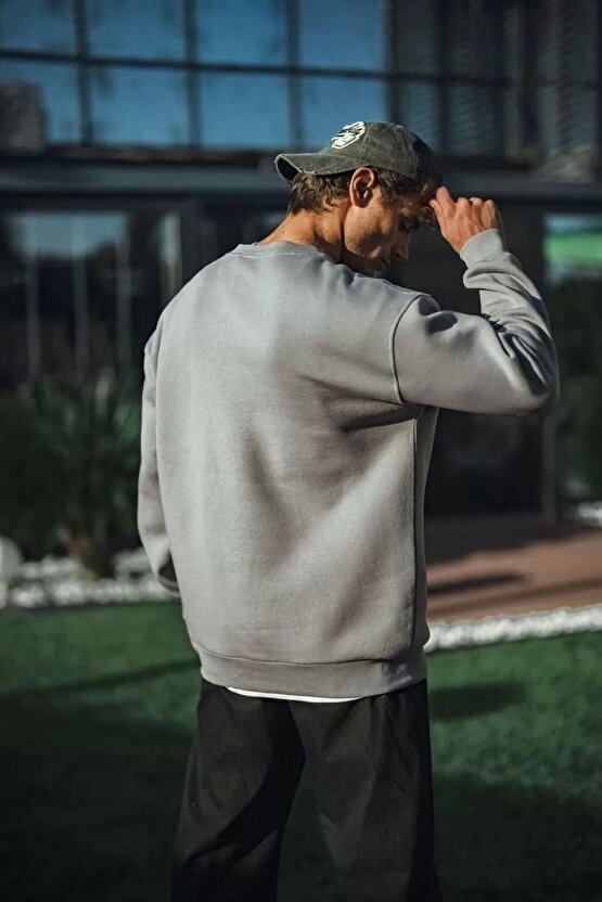 Kışlık Bisiklet Yaka Üç İplik Basic SweatShirt - Boyalı Gri