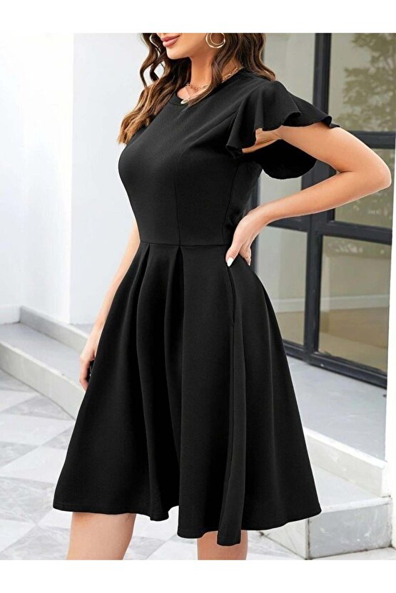 Kadın Kelebek Kollu Bisiklet Yakalı Pileli Ithal Krep Elbise