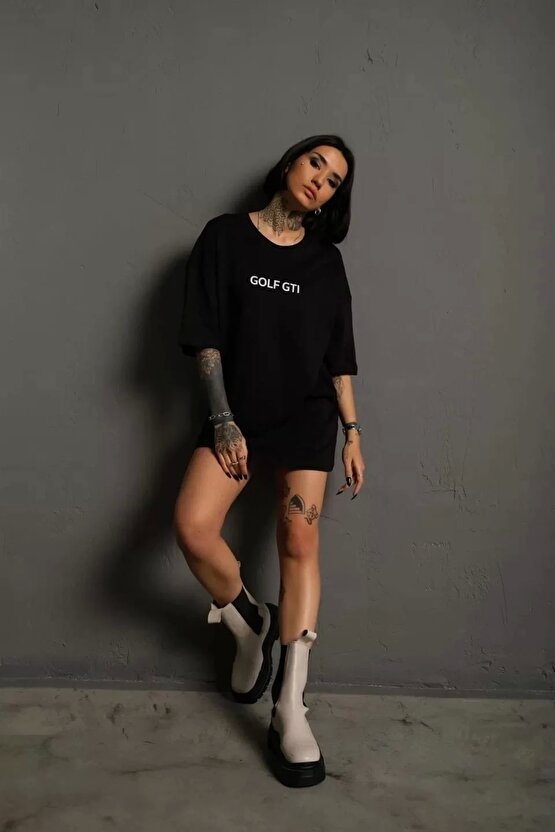 Kadın Sırt Golf Gtı Baskılı Oversize T-shirt - Siyah