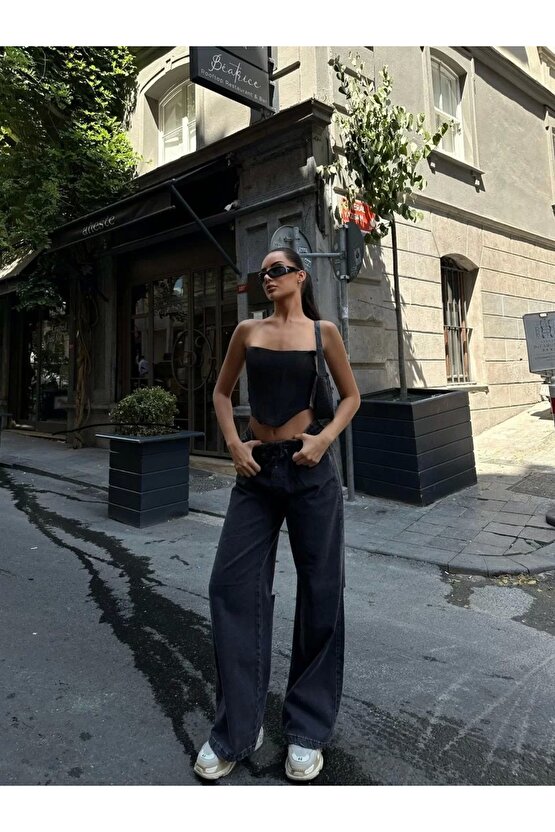 Kadın Arkadan Yırtmaçlı Jeans Kot Palazzo Pantolon - Siyah