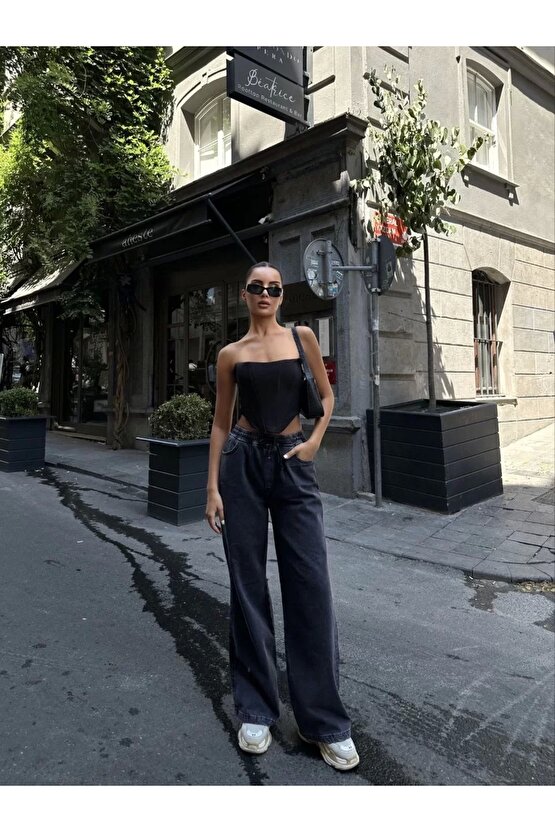 Kadın Arkadan Yırtmaçlı Jeans Kot Palazzo Pantolon - Siyah