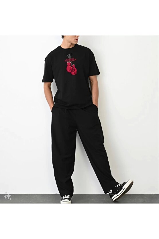 Unisex Bisiklet Yaka Baskılı Oversize T-Shirt - Siyah