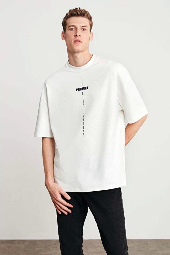 Unisex Baskılı Oversize T-Shirt - Beyaz